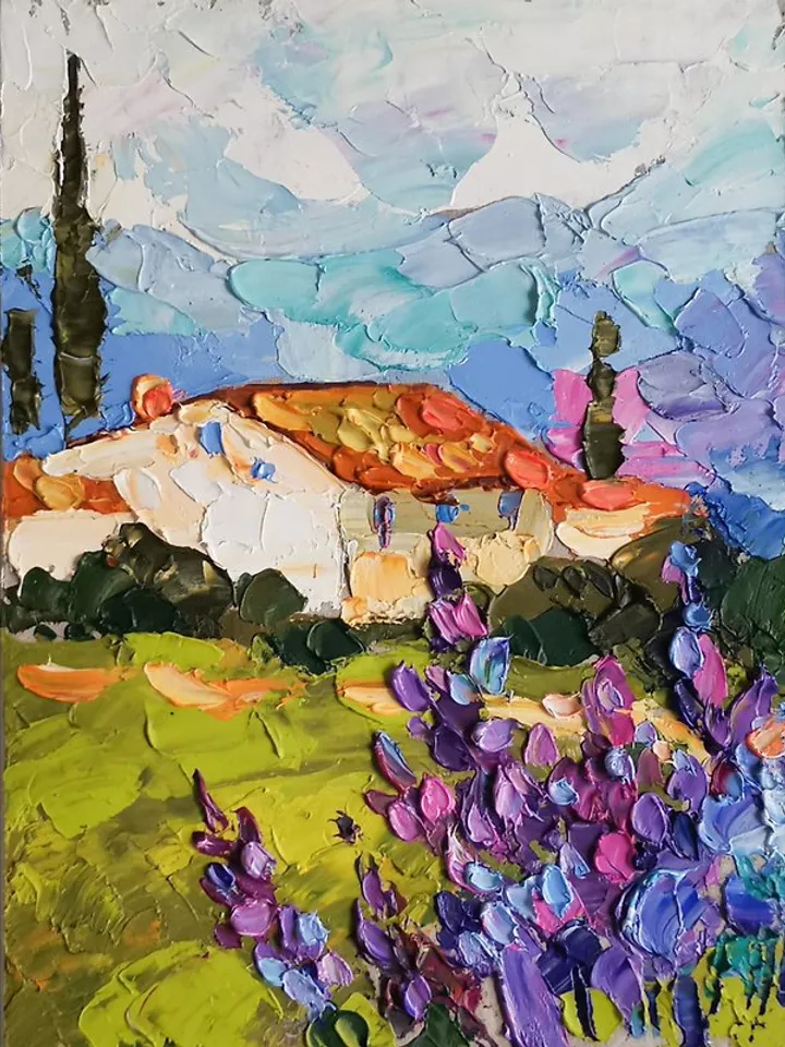 Toscana Painting Lavender Field Original Art Wall Decor Oil Painting by Verafe
