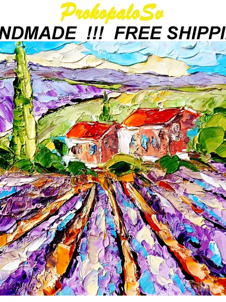 Provence Painting Lavender Fields Impasto Original Art Christmas Gifts  Provence Countryside Wall Art Decor 8x8 by ArtProkopaloSv
