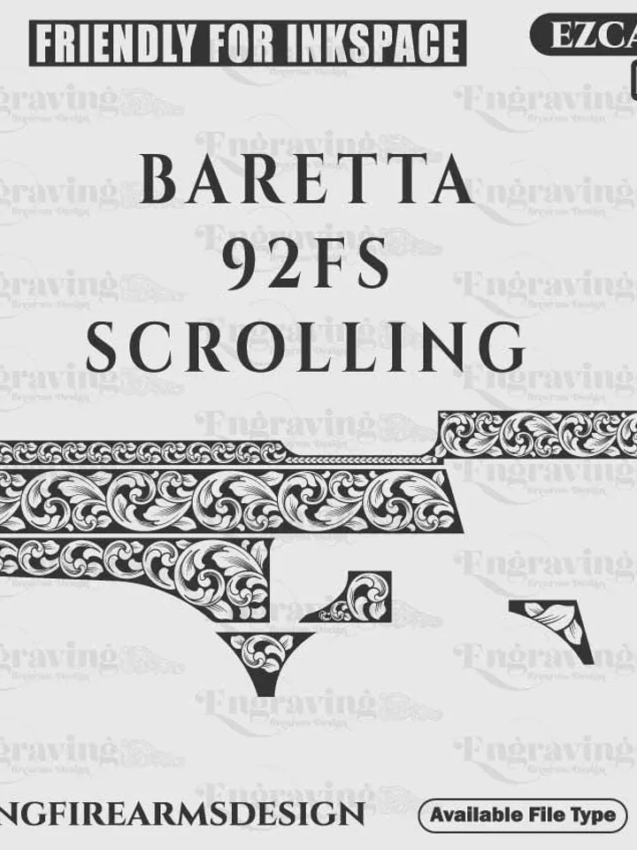 Baretta 92 FS Scroll Design Svg,lasercut,laserengraving,fiberlaser,engravingfiles,laserpattern,engravingdesign,engravingpattern,metalart