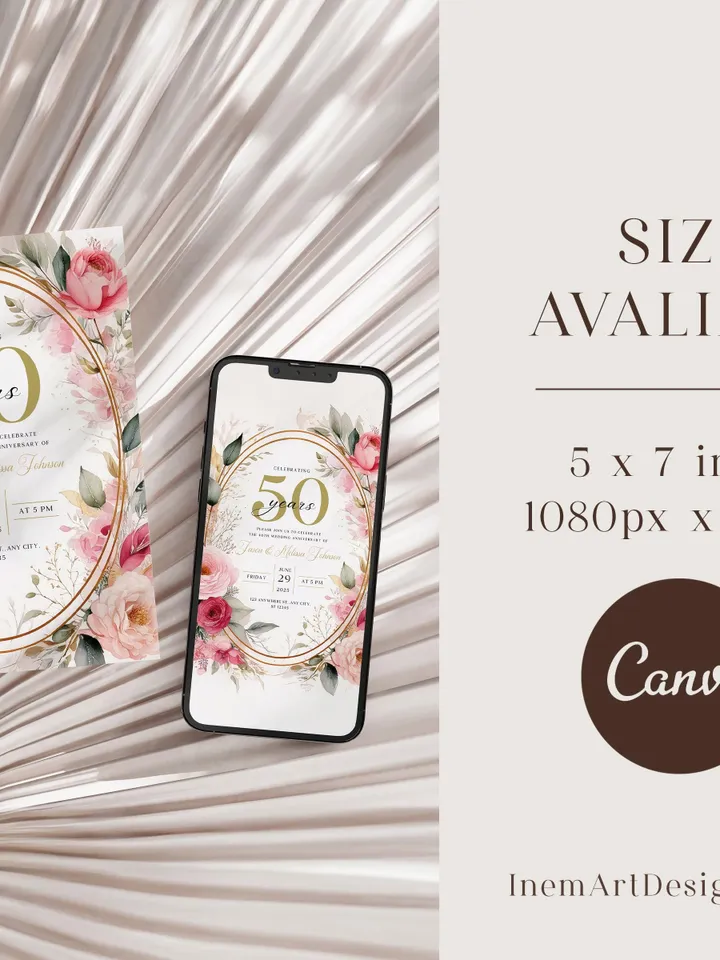 50th Anniversary Invitation, Blush Pink Wedding Anniversary Invite, Wedding Anniversary Invitation Printable, Editable Canva Template
