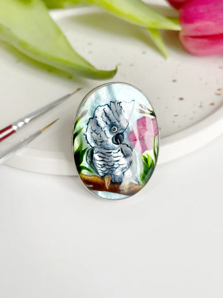 Sterling Silver 925 Oval Ring Parrot Painting White Mother of Pearl