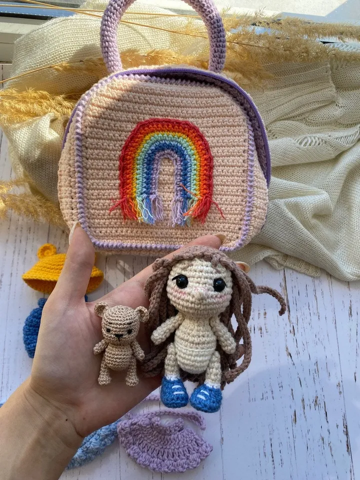 PDF pattern Doll in a Rainbow, Amigurumi pattern crocheted doll with hair, Amigurumi Rainbow Pattern, Crochet Teddy Bear Pattern