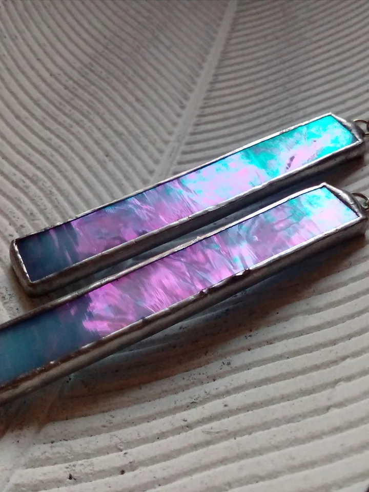 Iridescent stained glass blue earrings, cute rectangle earrings, dichroic earrings, duochrome earrings