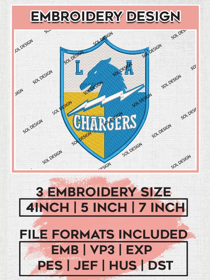NFL LA Chargers Embroidery Design Files, NFL Chargers Embroidery Designs, NFL Embroidery Designs, NFL Los Angeles Chargers Machine Embroidery Design, Digital Download
