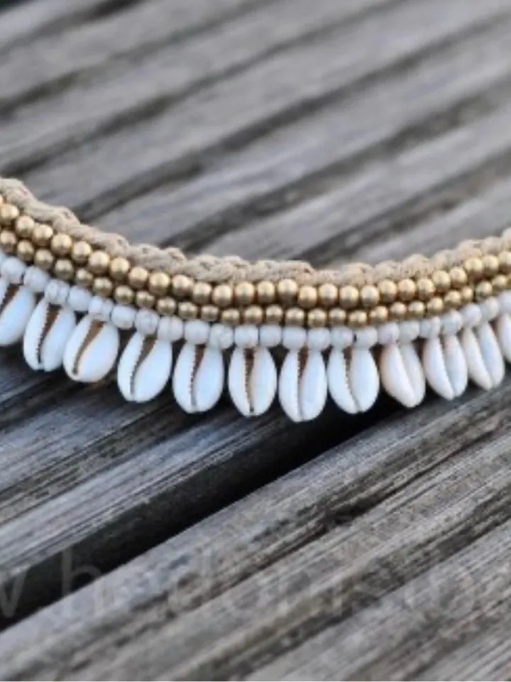 Shell Choker Cowrie Adjustable Tie Hippie Boho Coachella | Summer Shell Makrame Choker | Bohemian Shell Choker cream Gem Black | Handmade