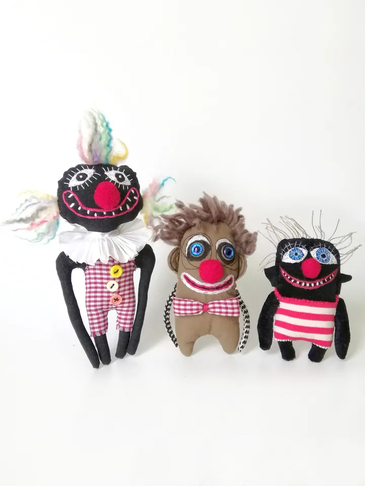 Handmade Artistic Clowns, Stuffed Funny Interior Fabric Toys, One-of-a-Kind Unique Voodoo Dolls, Delightful Decor Toys. FREE SHIPPING!