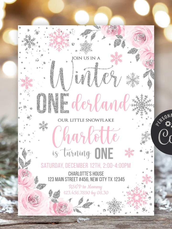 Winter Onederland Invitation Girl 1st Birthday Invitation, Winter Wonderland Birthday Invitation Floral First Birthday Silver Pink Snowflake