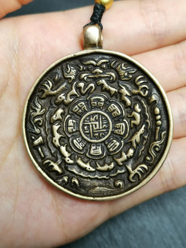 Gandhanra Vintage Tibetan Buddhist Calendar Amulet Sipaho Badge - Lima Brass Melong Mirror Protective Charm Feng Shui Pendant,45mm