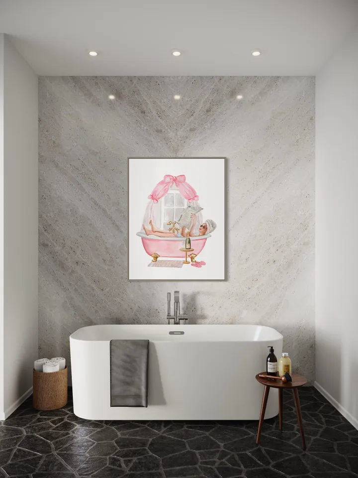 Pink Bathroom Vintage Bow Watercolor Print, Woman Drinking Art, Pink Bow, Pink Bathtub, Boho Bathroom, Bath Decor, Gift For Her, Bathtub Art