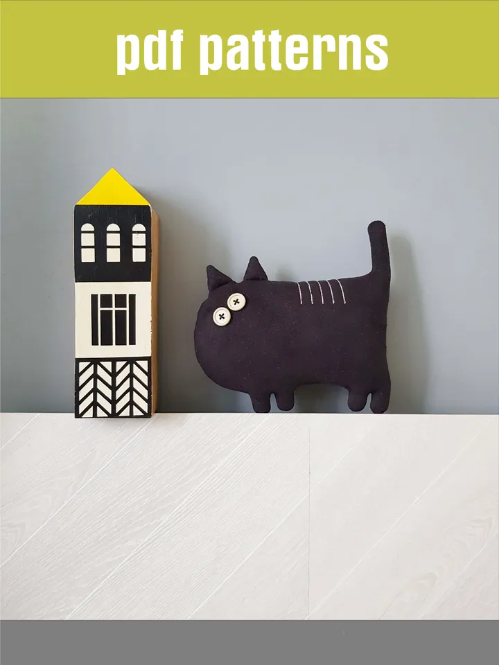 Black cat sewing pattern PDF digital tutorial in English, Halloween doll sewing diy