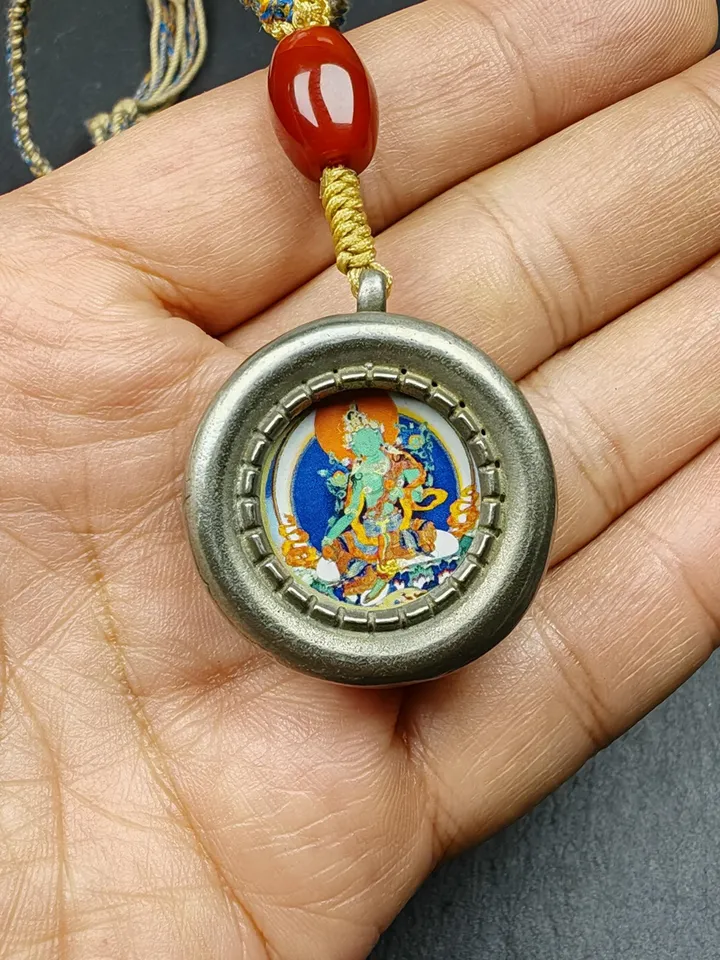 Gandhanra Vintage Green Tara Gau Ghau Shrine,Round Tibetan Buddhist Altar Amulet Pendant,Made of White Copper