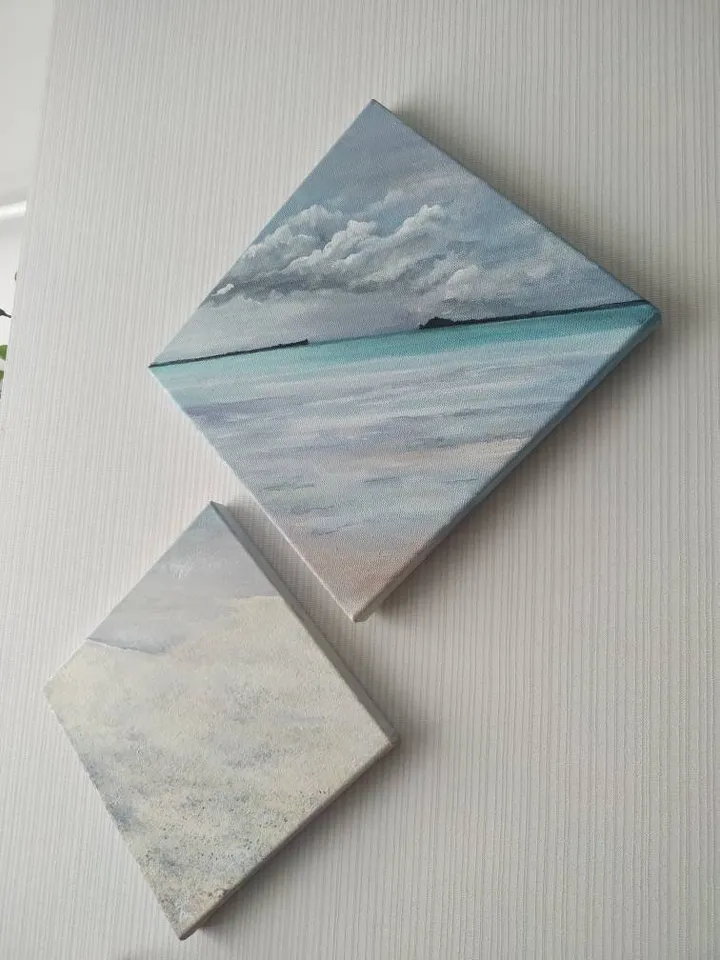 Original acrylic ocean painting "Maldives". Memories of travel. 2 canvases on a stretcher, Image Wraps Around the Sides