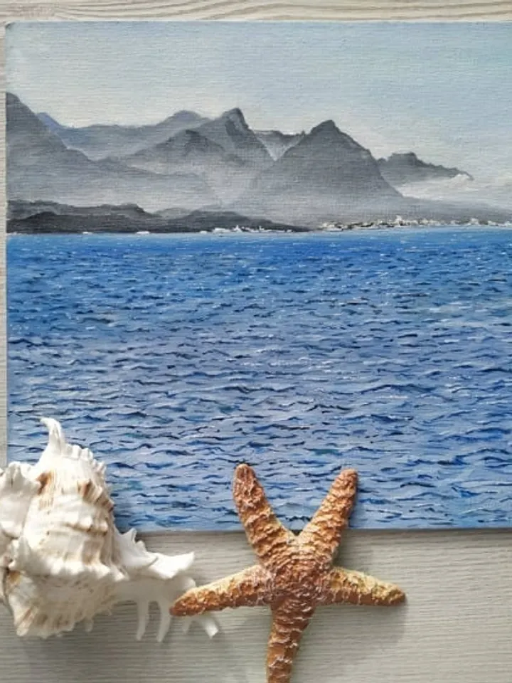 Blue Mediterranean Sea, Turkey. Waves.Lambs. The mountains. Original Acrylic painting on fiberboard. "Kemer". Size 7,8” x 11,8”