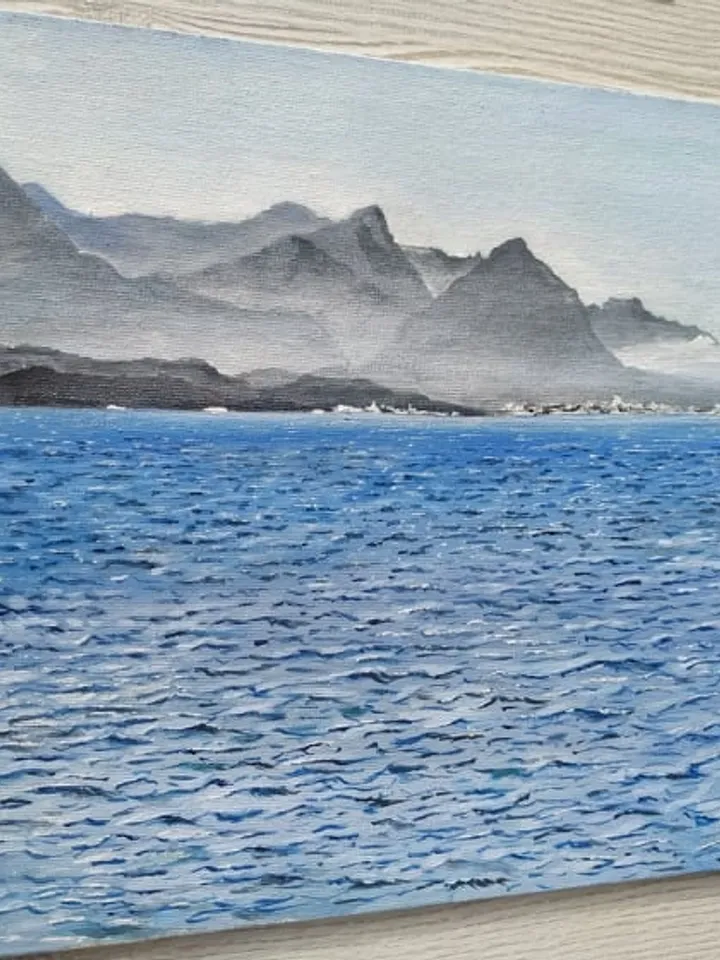 Blue Mediterranean Sea, Turkey. Waves.Lambs. The mountains. Original Acrylic painting on fiberboard. "Kemer". Size 7,8” x 11,8”
