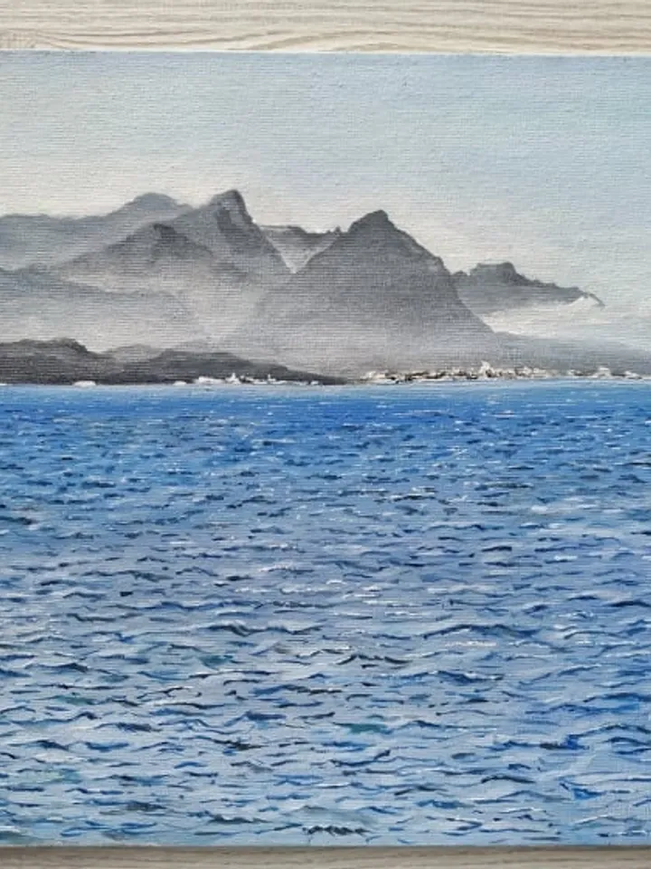 Blue Mediterranean Sea, Turkey. Waves.Lambs. The mountains. Original Acrylic painting on fiberboard. "Kemer". Size 7,8” x 11,8”