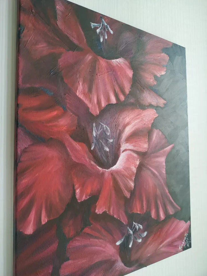 Oil on canvas painting "Gladiolus velvet". Original Art interior wall paintings. Black & Red Flower Bulbs. 16" by 20"