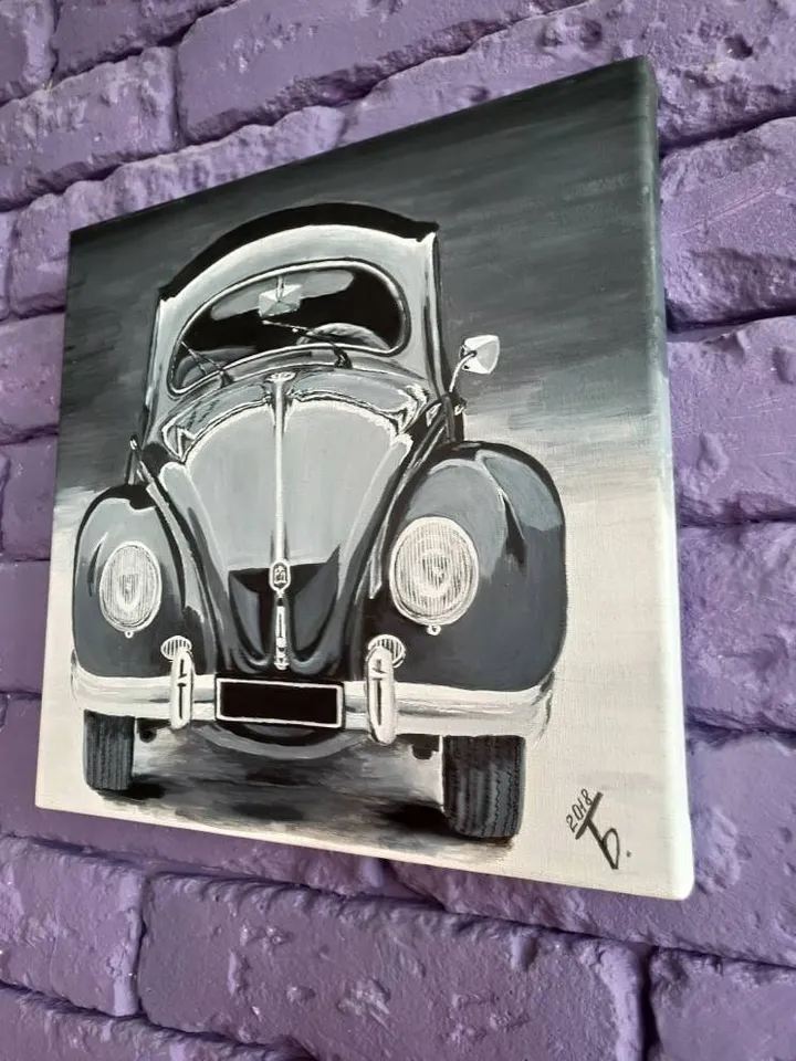 Volkswagen Beetle fashion car painting. Vintage Car Wall Art. Acrylic on canvas. German retro car front view. Gallery stretch 9.4” by 9.4”