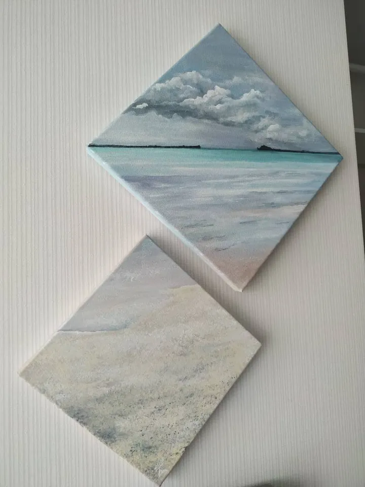 Original acrylic ocean painting "Maldives". Memories of travel. 2 canvases on a stretcher, Image Wraps Around the Sides