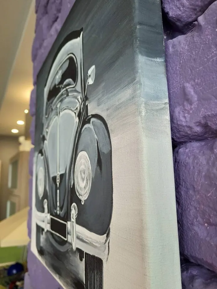 Volkswagen Beetle fashion car painting. Vintage Car Wall Art. Acrylic on canvas. German retro car front view. Gallery stretch 9.4” by 9.4”