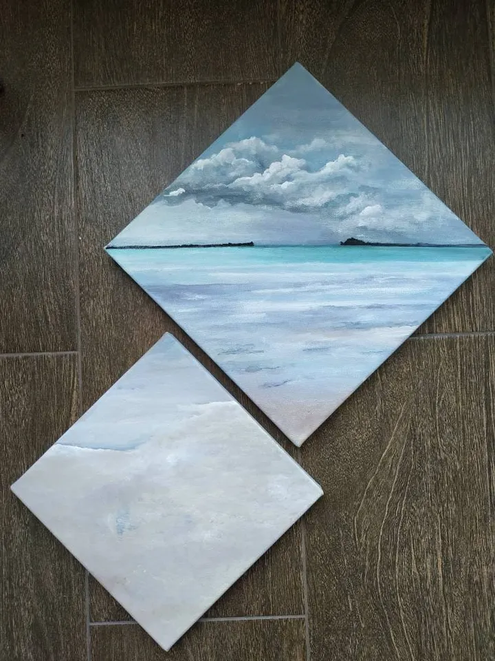 Original acrylic ocean painting "Maldives". Memories of travel. 2 canvases on a stretcher, Image Wraps Around the Sides