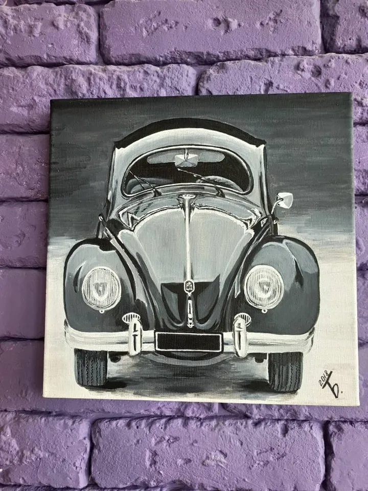 Volkswagen Beetle fashion car painting. Vintage Car Wall Art. Acrylic on canvas. German retro car front view. Gallery stretch 9.4” by 9.4”