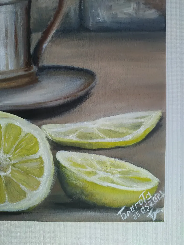 Original oil painting on canvas "Caffe Romano". Coffee is poured from a cezve into a cup on a saucer. 11.8” by 23.6“