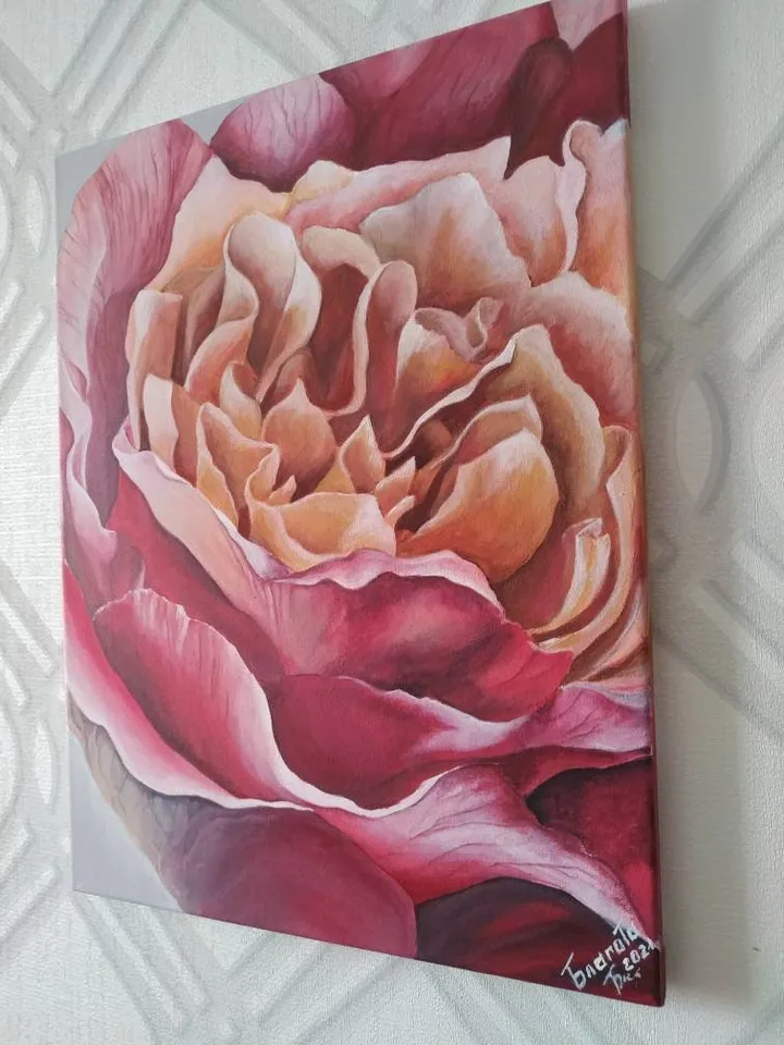 Big Pink Rose painting in interior. Acrylic stretched canvas. 12 x 16 inches vertical