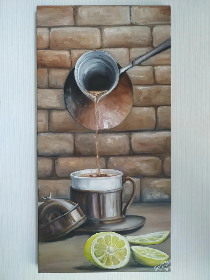 Original oil painting on canvas "Caffe Romano". Coffee is poured from a cezve into a cup on a saucer. 11.8” by 23.6“