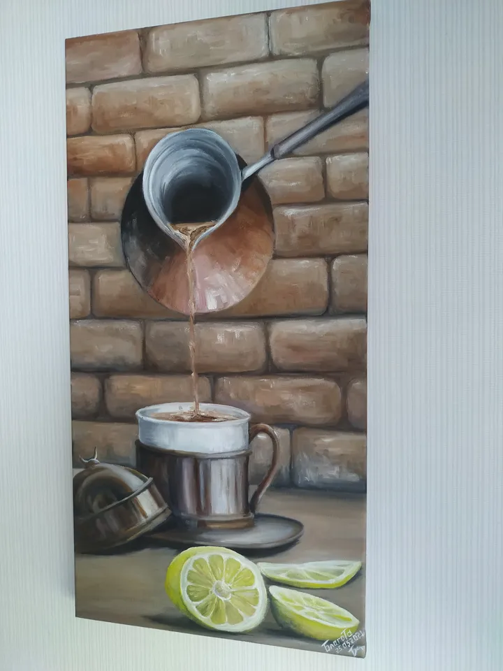 Original oil painting on canvas "Caffe Romano". Coffee is poured from a cezve into a cup on a saucer. 11.8” by 23.6“
