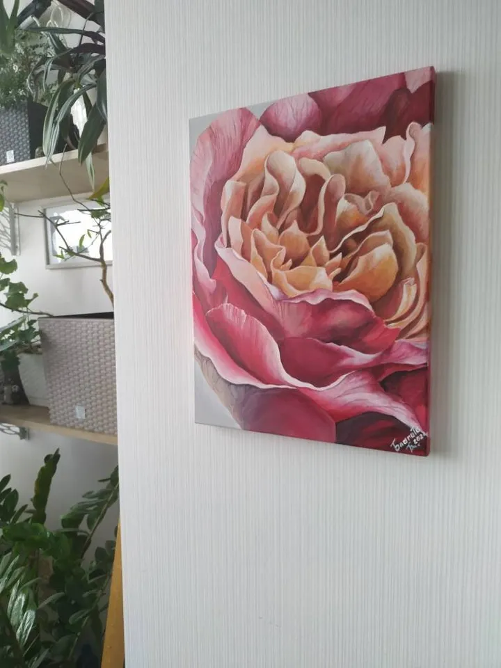 Big Pink Rose painting in interior. Acrylic stretched canvas. 12 x 16 inches vertical