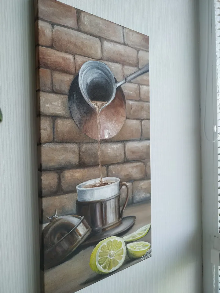 Original oil painting on canvas "Caffe Romano". Coffee is poured from a cezve into a cup on a saucer. 11.8” by 23.6“