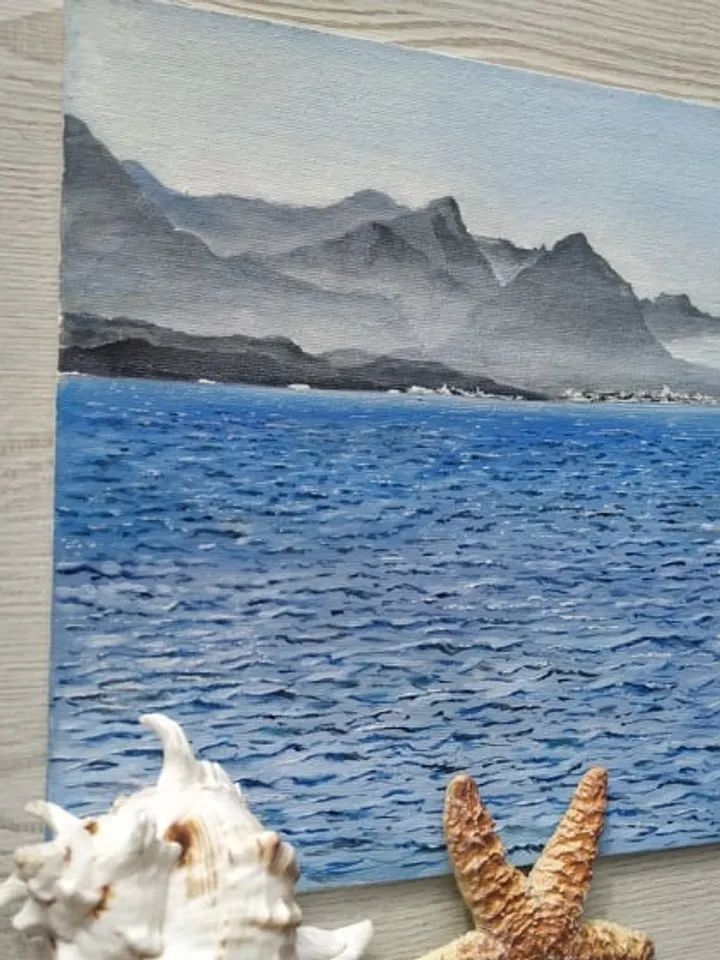 Blue Mediterranean Sea, Turkey. Waves.Lambs. The mountains. Original Acrylic painting on fiberboard. "Kemer". Size 7,8” x 11,8”