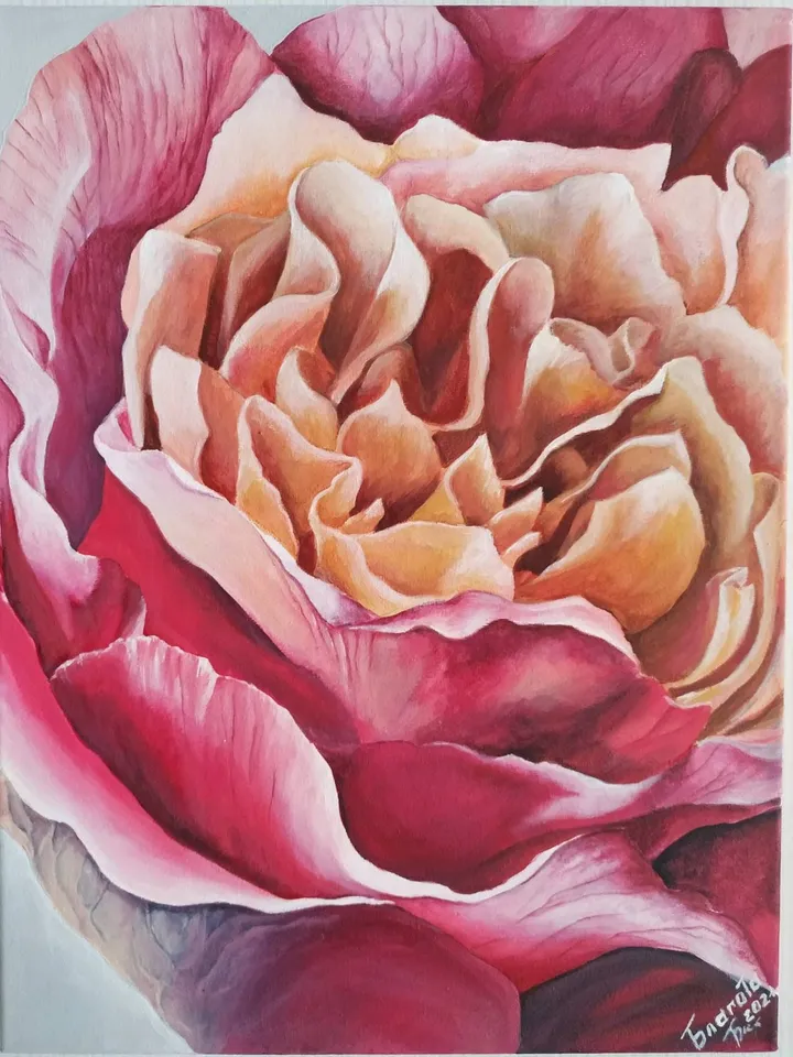 Big Pink Rose painting in interior. Acrylic stretched canvas. 12 x 16 inches vertical