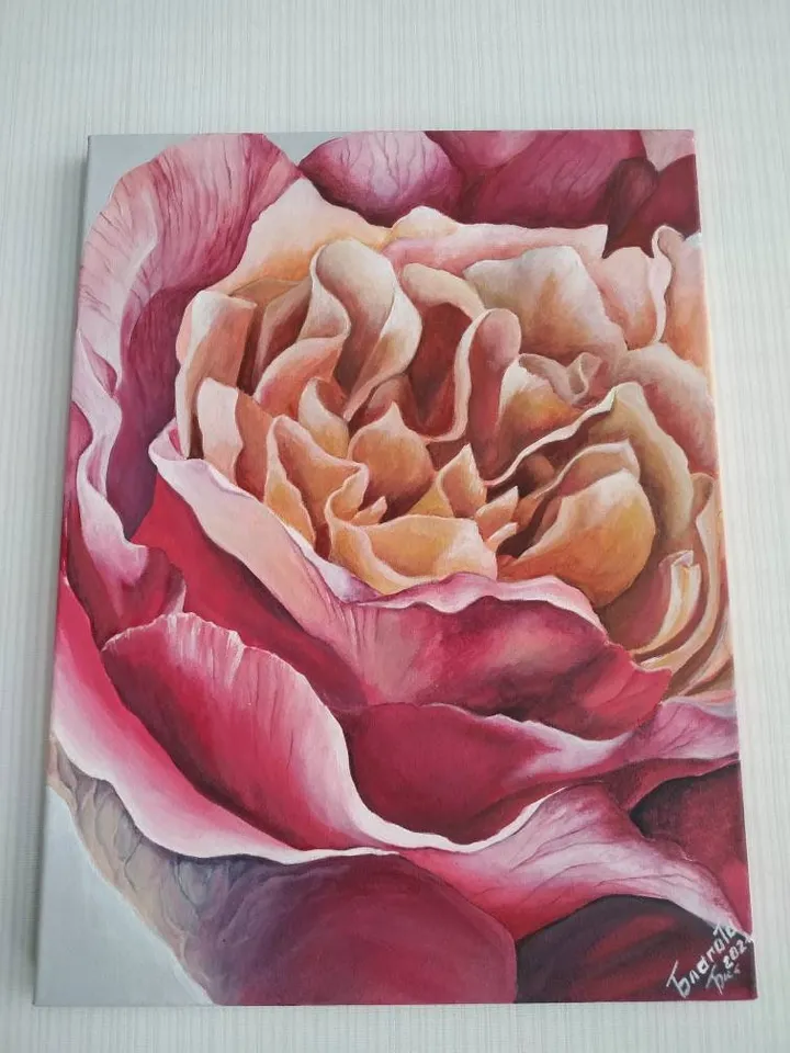 Big Pink Rose painting in interior. Acrylic stretched canvas. 12 x 16 inches vertical