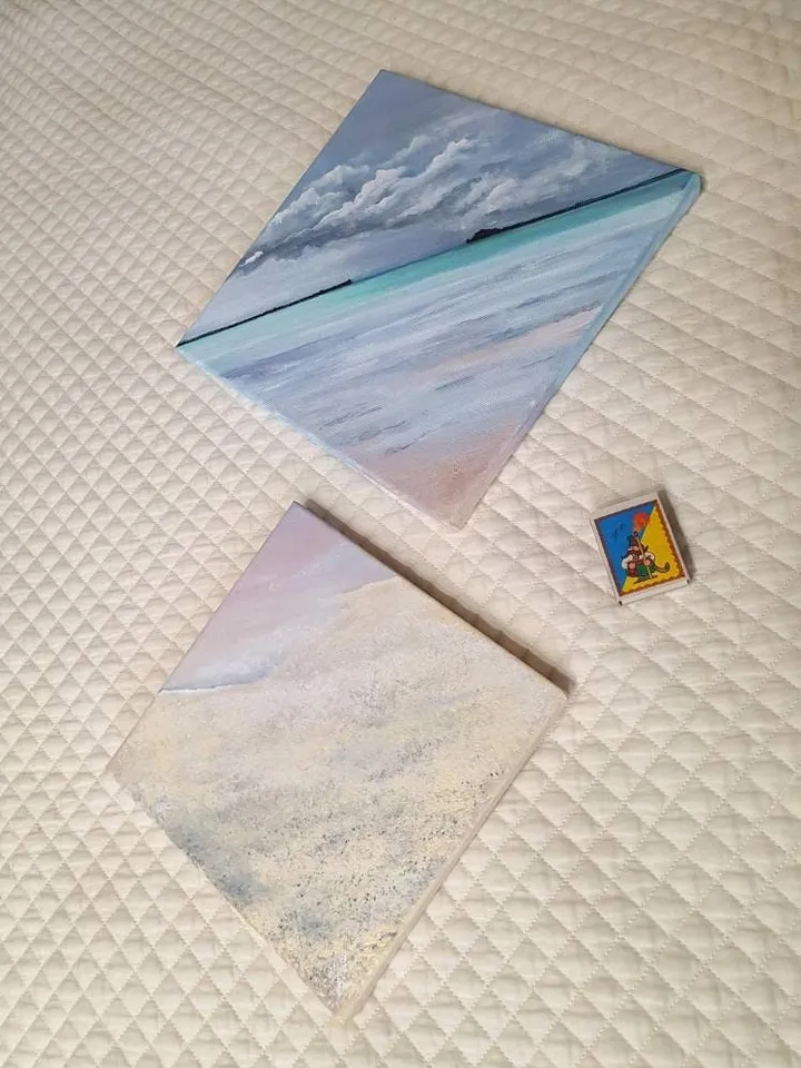 Original acrylic ocean painting "Maldives". Memories of travel. 2 canvases on a stretcher, Image Wraps Around the Sides