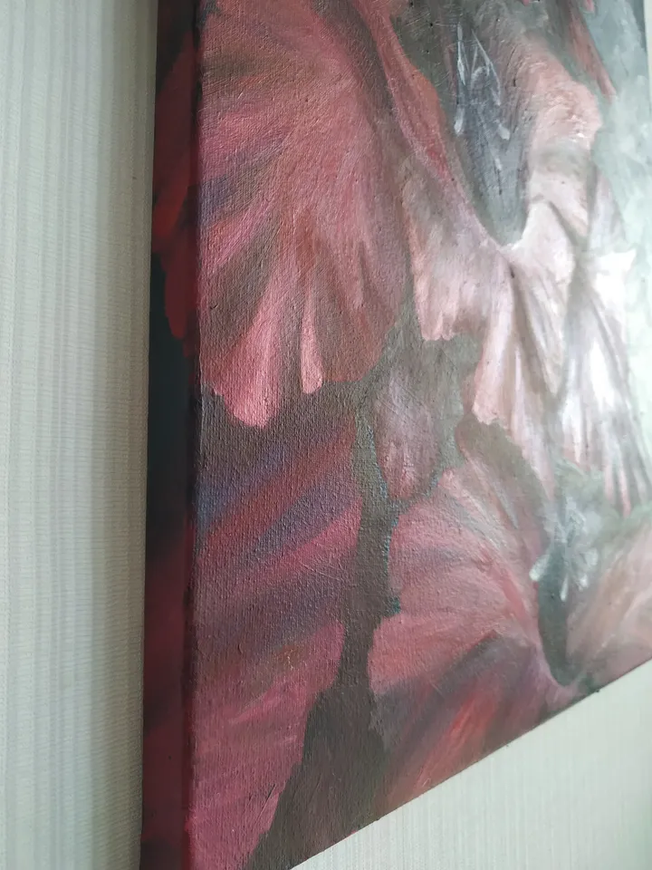 Oil on canvas painting "Gladiolus velvet". Original Art interior wall paintings. Black & Red Flower Bulbs. 16" by 20"