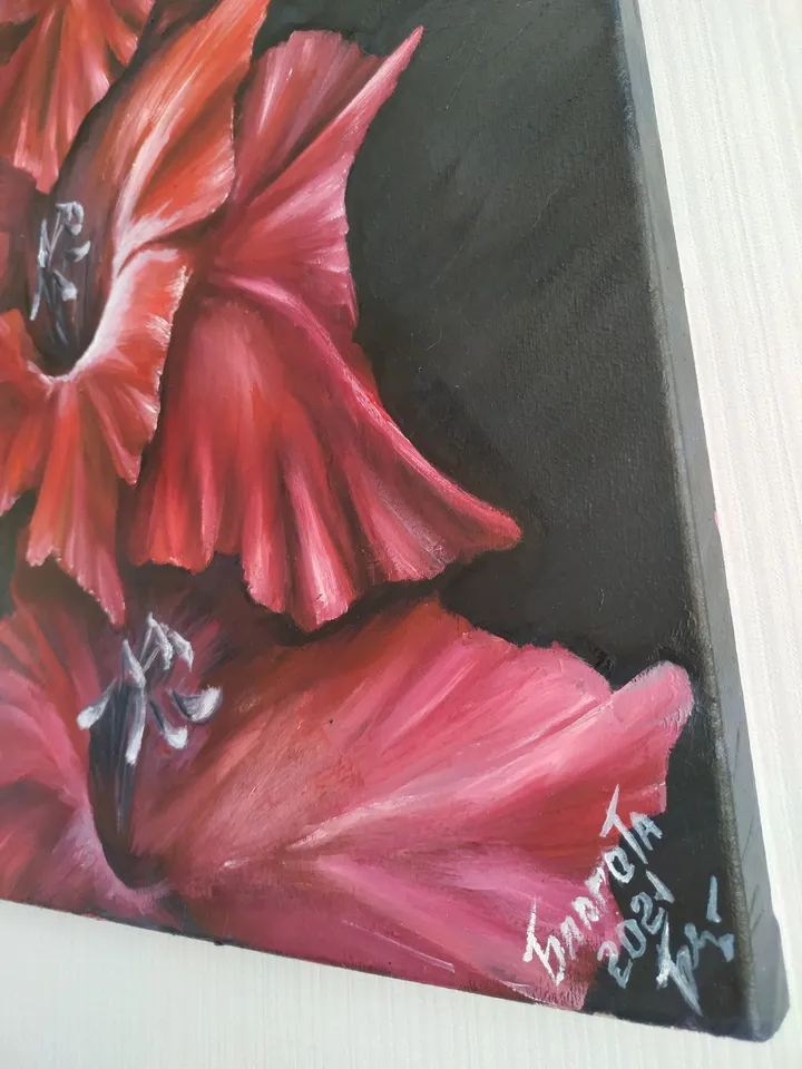 Oil on canvas painting "Gladiolus velvet". Original Art interior wall paintings. Black & Red Flower Bulbs. 16" by 20"