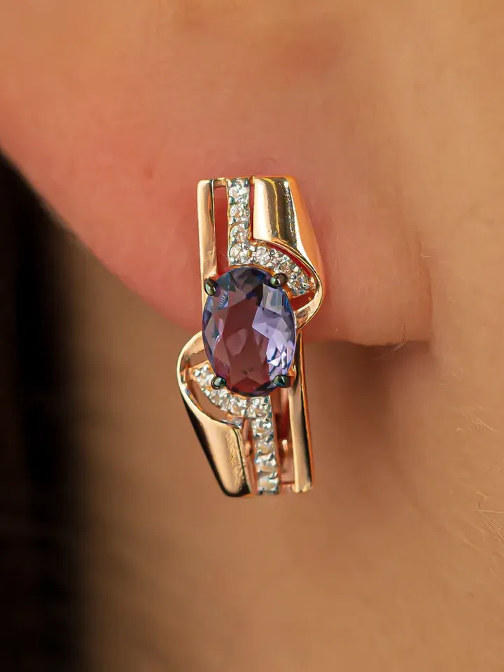 Earrings jewelry Silver gold plated 925 assay value with amethyst