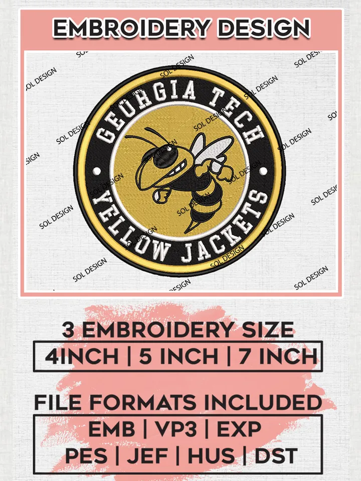 NCAA Georgia Tech Yellow Jackets Round Logo Embroidery, NCAA Georgia Tech Yellow Jackets Embroidery Design files, NCAA Teams, NCAA Machine embroidery designs, Digital Download