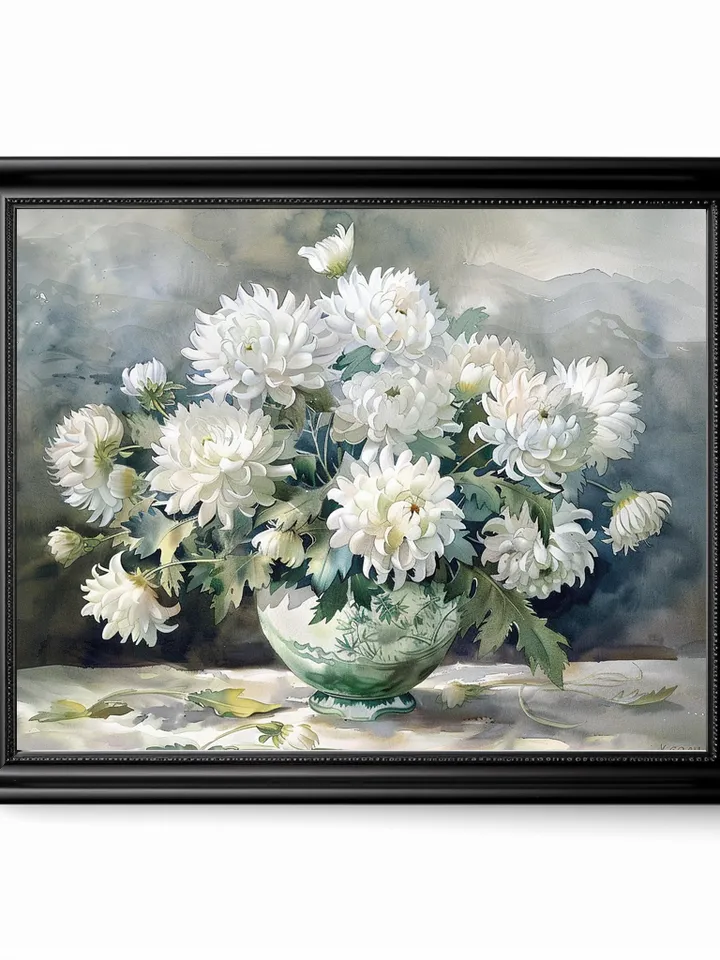 Bouquet of white chrysanthemum in a vase watercolor drawing, digital illustration, digital painting , wall art decoration. AI