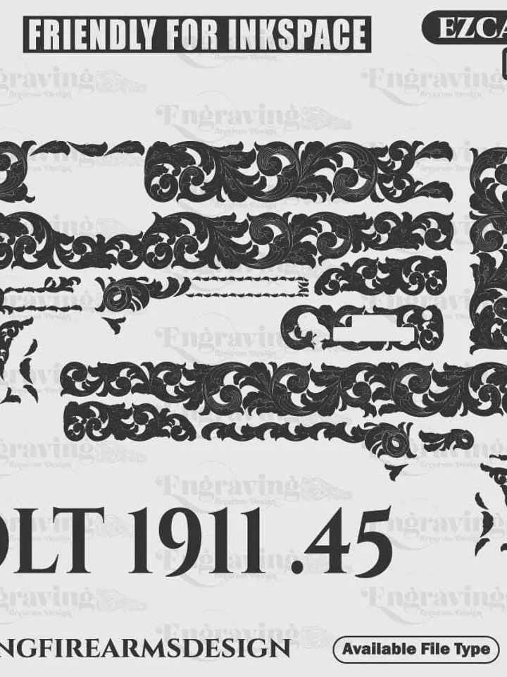 Colt1911 .45 Scroll Svg | VectorBundle LaserEngraving Svg,lasercut,fiberlaser,engravingfiles,laserpattern,,engravingpattern,metalart