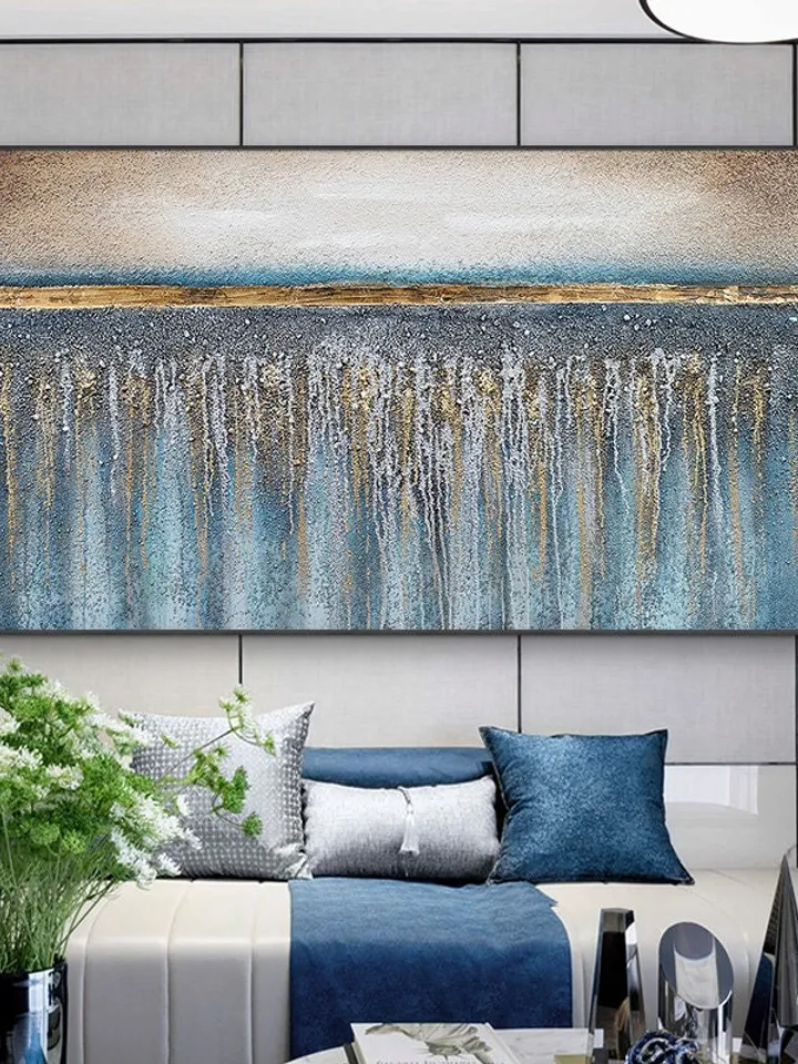 Hand-Painted Blue & Gold Oil Painting On Canvas Gold Foil Painting Flowing Painting Large Oil Painting Abstract Wall Art Spring Wall Decor