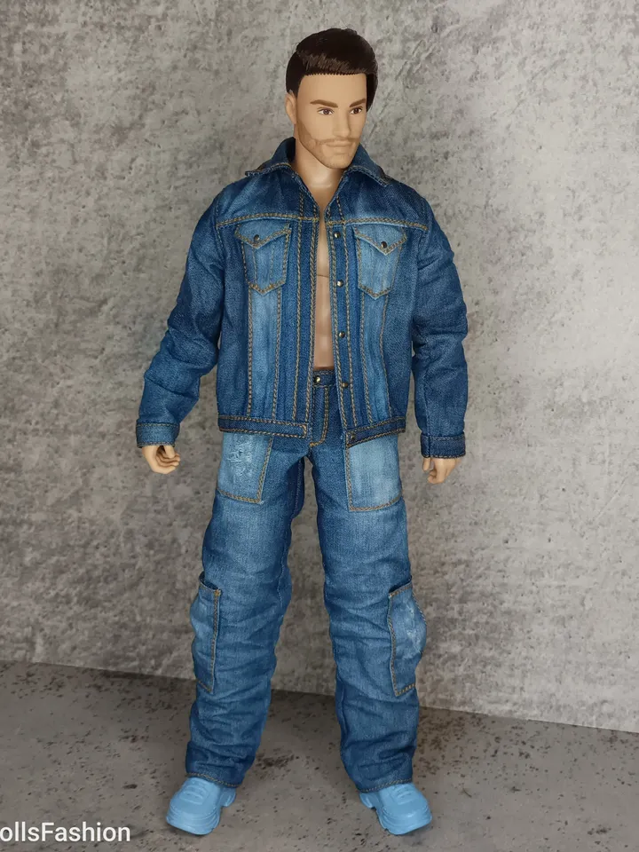 Ken's Distressed Denim Jacket and Cargo Jeans with Large Patch Pockets (for Ken with an athletic body)