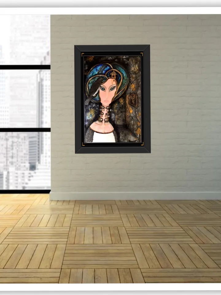 Woman portrait painting,Fantasy portrait of a woman with watches and magpie,collage background,acrylic on stretched canvas.
