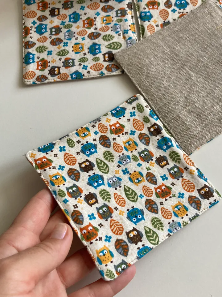 Owl coaster Set of 6 Linen-cotton coasters 4.5'' x 4.5''