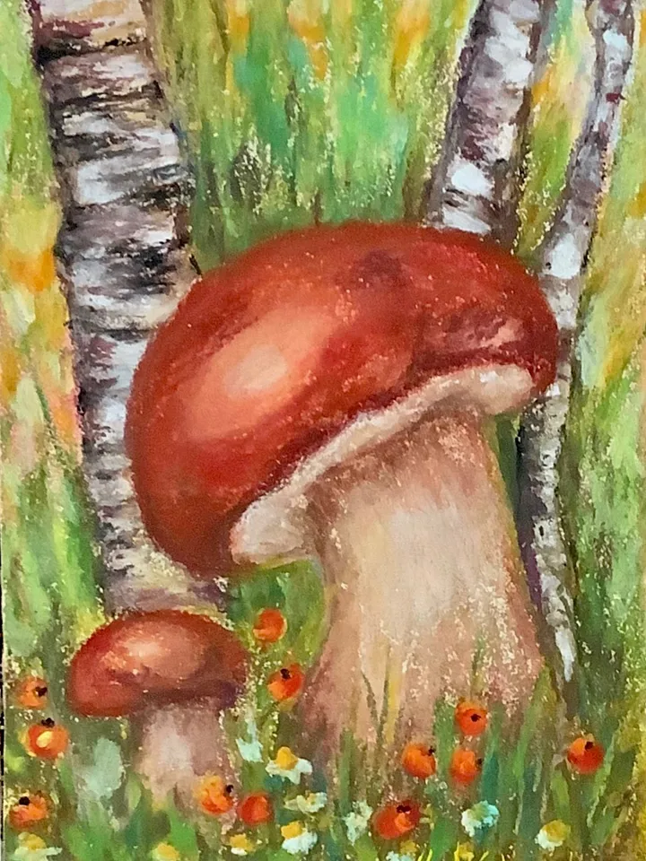 Mushroom painting original art, Pastel mushroom drawing, mini mushroom painting
