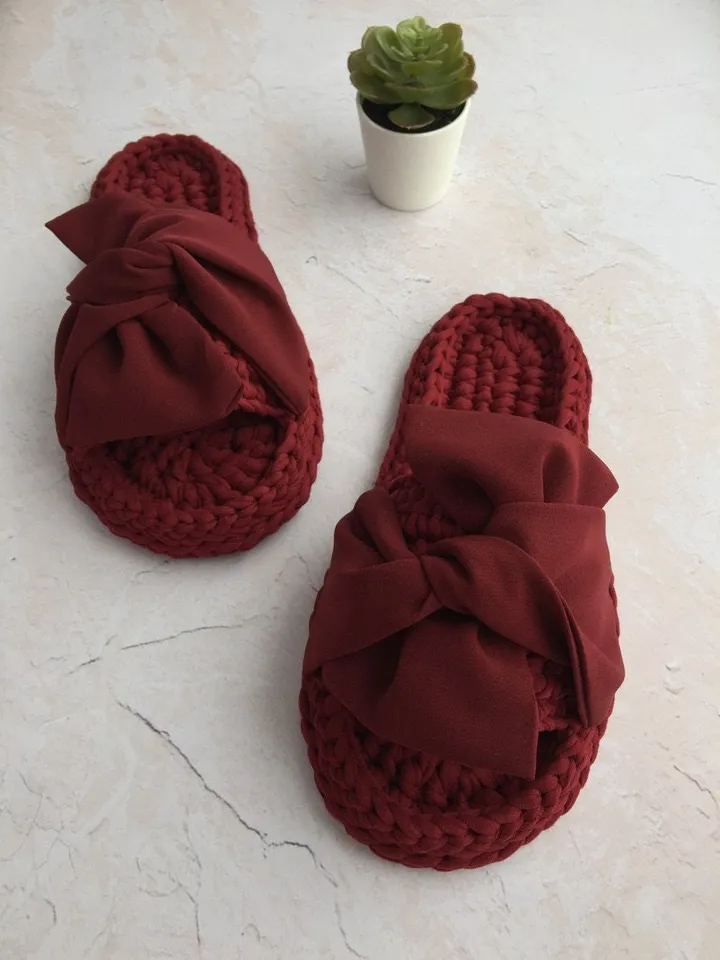 Crochet slippers, Knitted slippers women, House slippers, Cotton house shoes, Open toe cotton slippers, Home slippers with bows