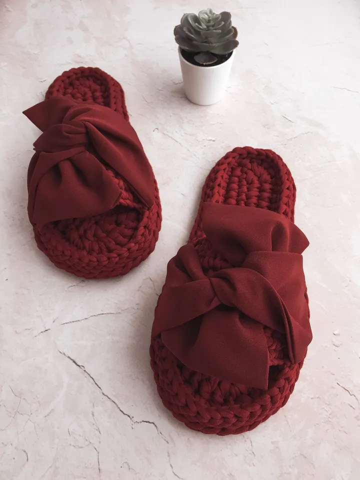 Crochet slippers, Knitted slippers women, House slippers, Cotton house shoes, Open toe cotton slippers, Home slippers with bows