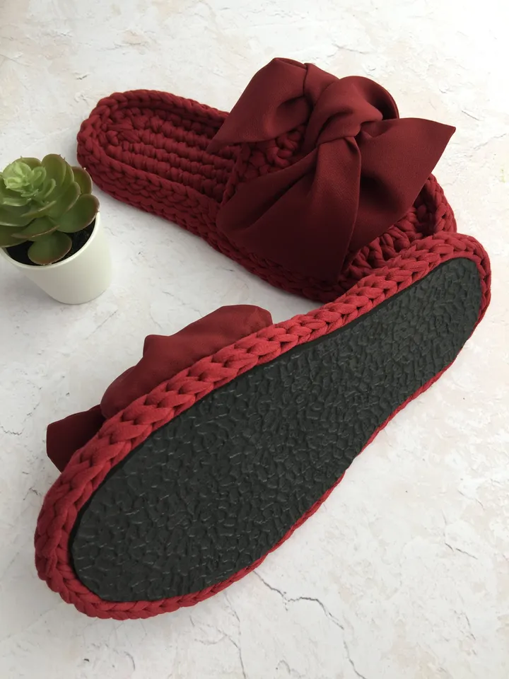 Crochet slippers, Knitted slippers women, House slippers, Cotton house shoes, Open toe cotton slippers, Home slippers with bows