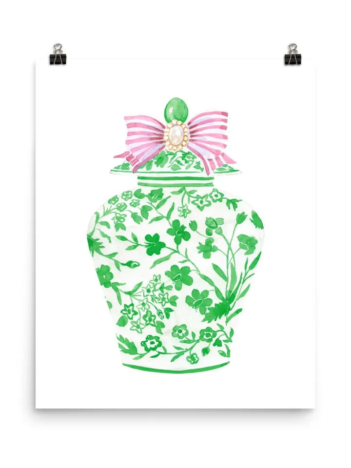 Green Chinoiserie Ginger Jar Vase, Porcelain Wall Art Print, Green Ginger Jar, China Vase Print, Pink And Green Decor Print